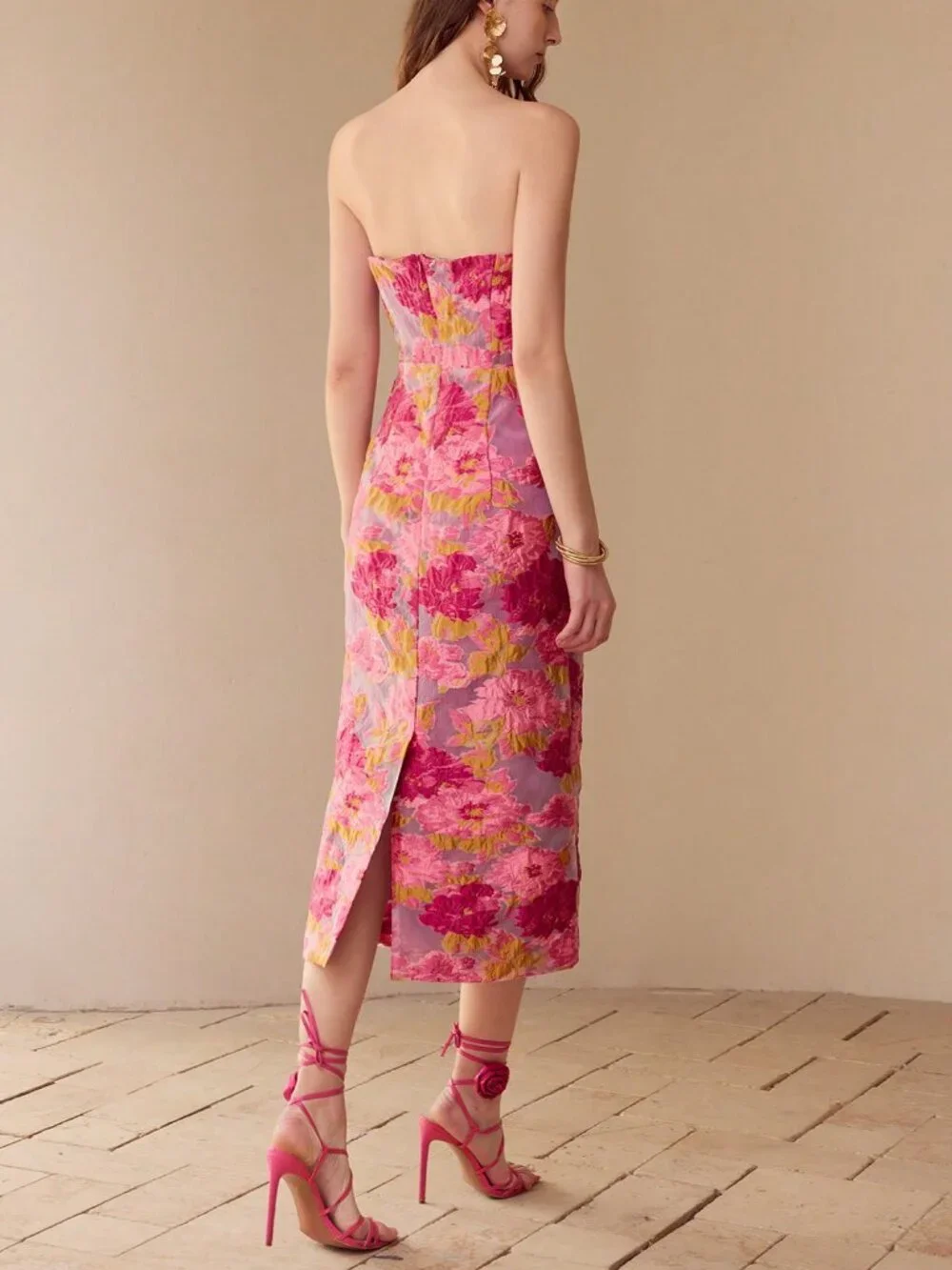 Pink Women's Premium Floral Jacquard Tube midi Dress - Picture 6 of 6